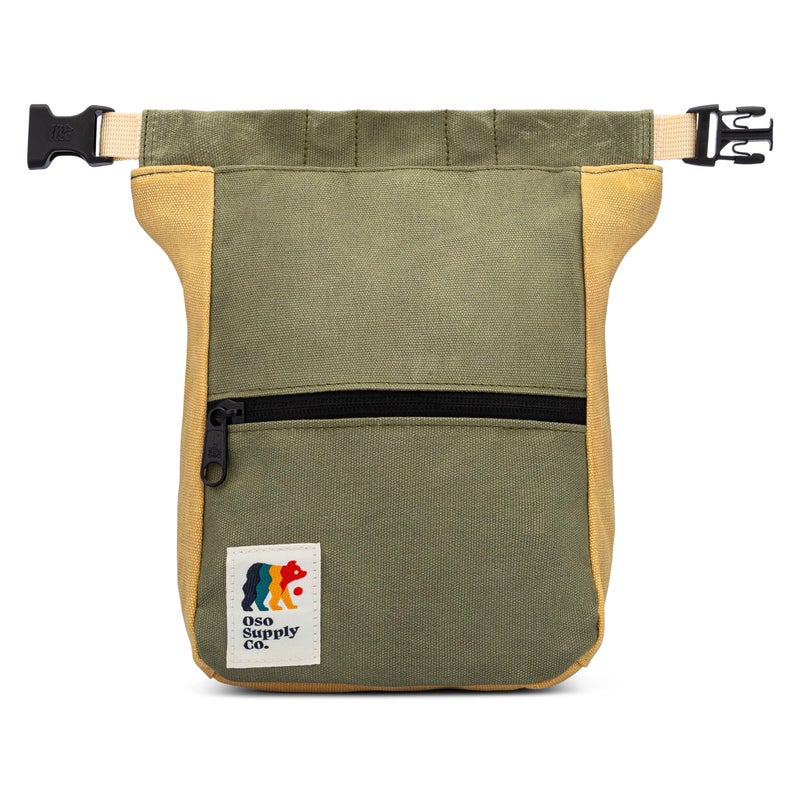 Oso Supply Co Kulshan Bouldering Bucket Large Size Chalk Bag for Rock Climbing Chalk Pot with Magnetic Roll Down Closure Brush Loop Zippered Pockets for Climbers Cedar Green Tan - Image 2