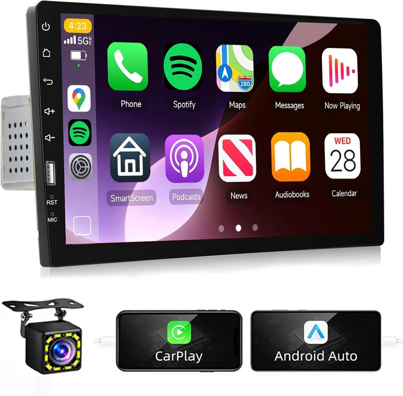 Podofo Single DIN Touch Screen Car Stereo with Android Auto and Apple CarPlay, 9" HD IPS Touchscreen - Image 1