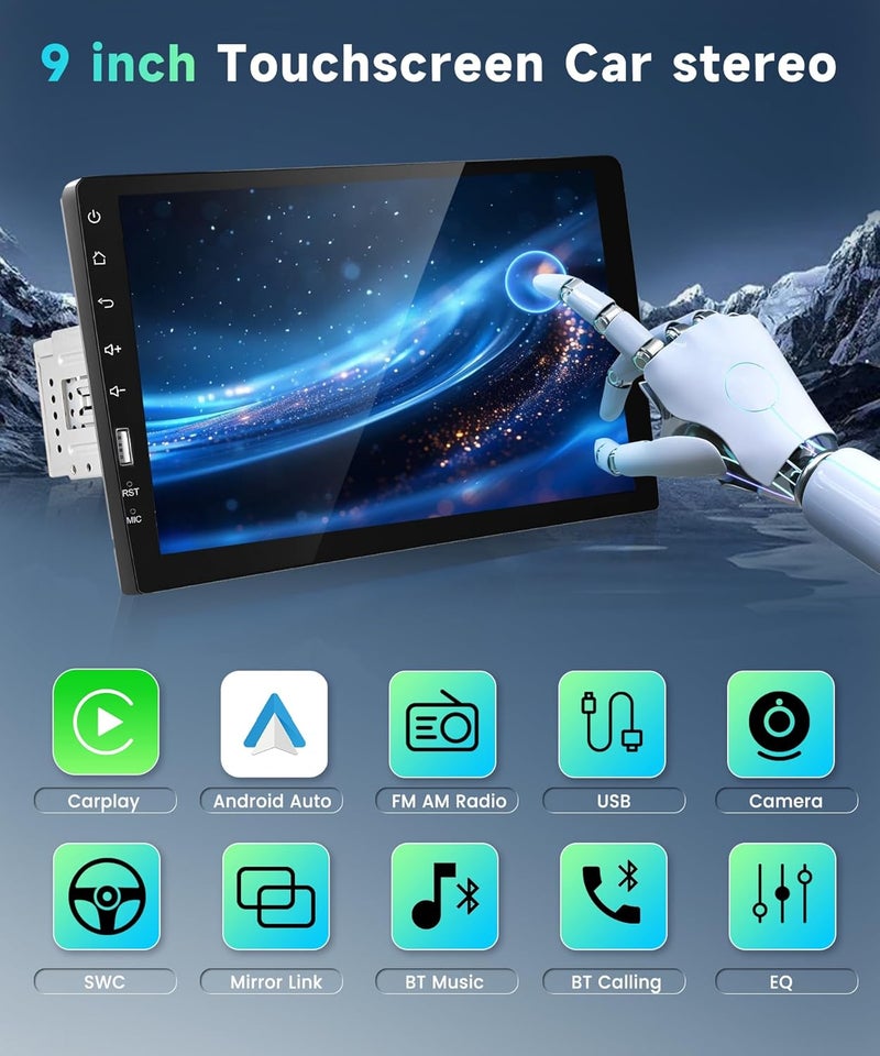 Podofo Single DIN Touch Screen Car Stereo with Android Auto and Apple CarPlay, 9" HD IPS Touchscreen - Image 3