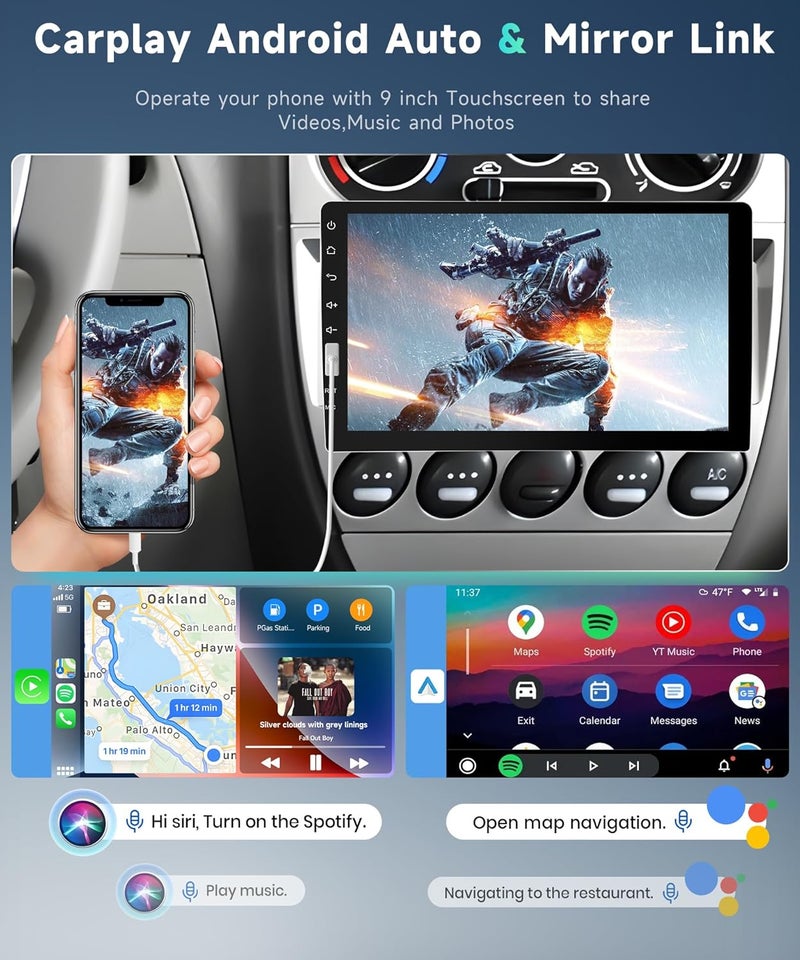 Podofo Single DIN Touch Screen Car Stereo with Android Auto and Apple CarPlay, 9" HD IPS Touchscreen - Image 2