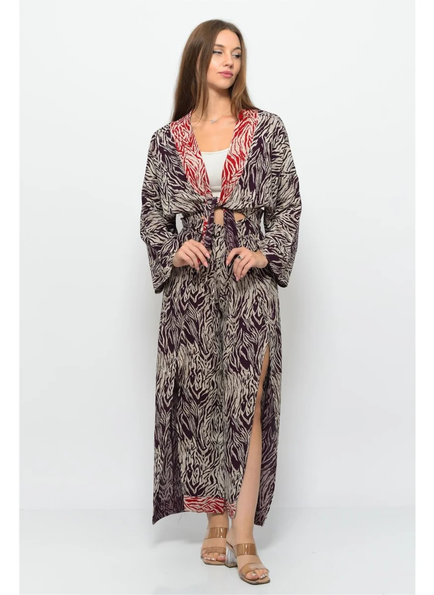 Nuseel Patterned Pareo Trousers & Crop Kimono Claret Cream