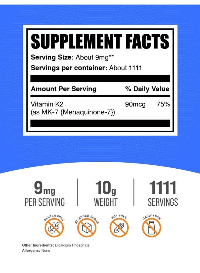 BulkSupplements.com Vitamin K2 Powder - Vitamin K2 MK-7, as Menaquinone Powder - K2 Vitamin Supplement for Wellness, Gluten Free, 9mg per Serving, 10g (0.35 oz) (Pack of 1) - Image 2