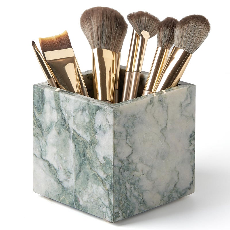 MULWR Real Luxurious Natural Marble Toothbrush Holder & Makeup Brush Organizer & Pen Holder for Desk,3.93inch Square Marble Utensil Holder Non-Ceramic/Non-Resin ï¼ˆCyan Greenï¼‰ - Image 1