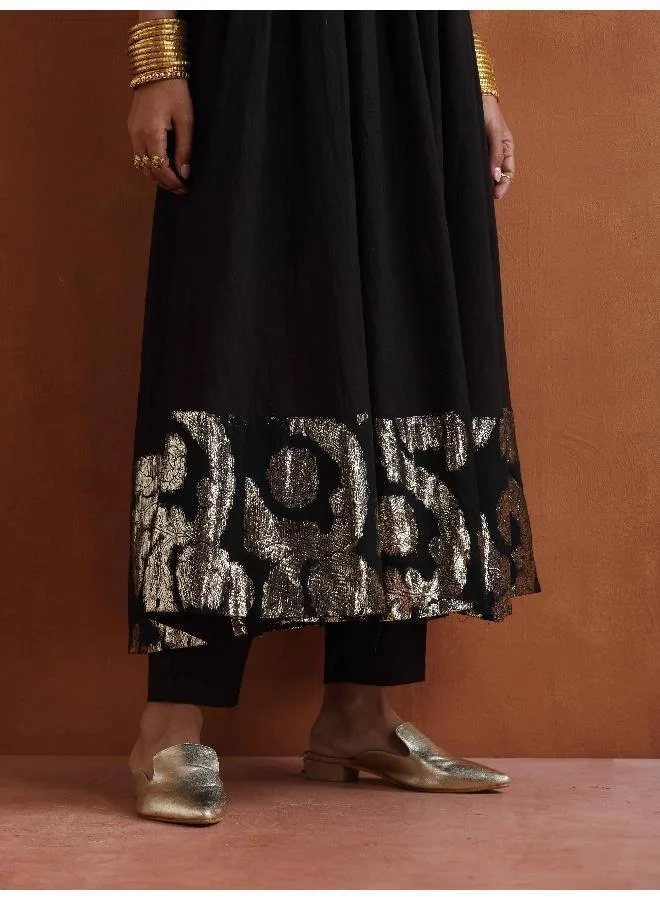ترو برونز trueBrowns Black Metallic Flared Anarkali Kurta Set