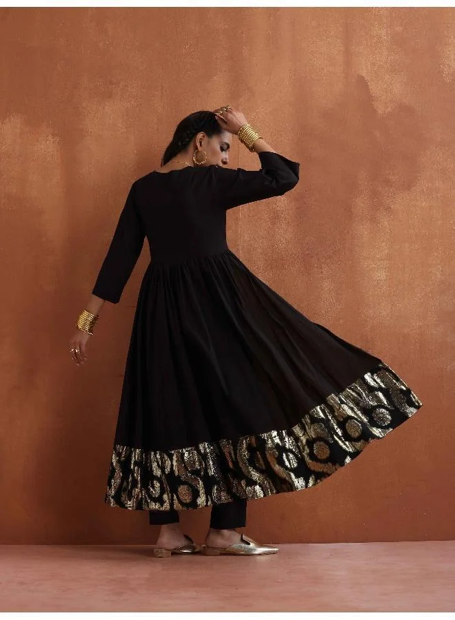 ترو برونز trueBrowns Black Metallic Flared Anarkali Kurta Set