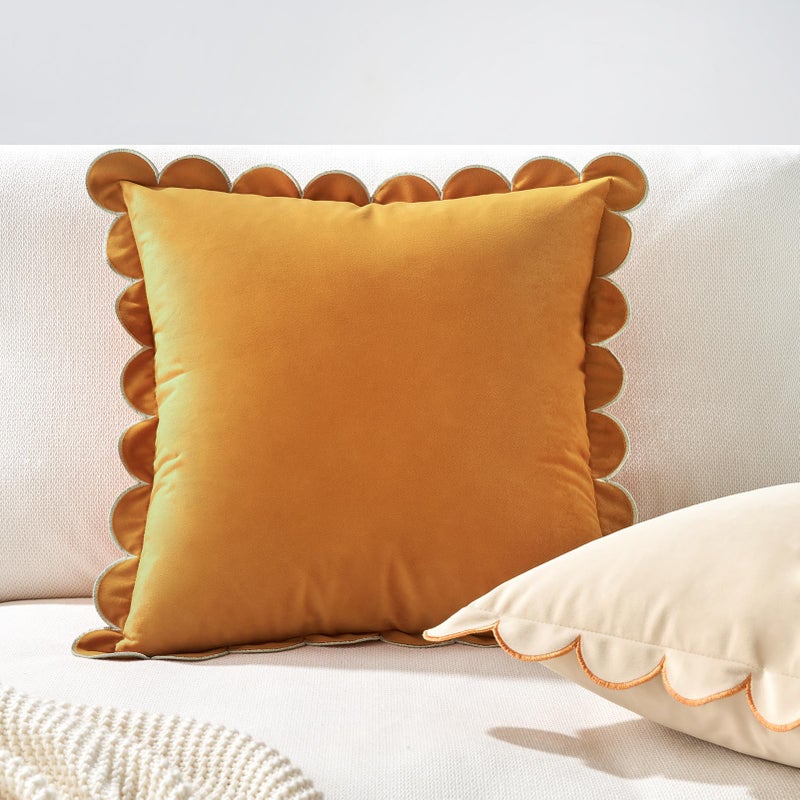 MONDAY MOOSE Decorative Throw Pillow Covers Cushion Cases, Set of 2 Soft Velvet Scalloped Round Edge Designs, Mix and Match for Home Decor, Pillow Inserts Not Included (16x16 inch, Honey/Cream) - Image 4