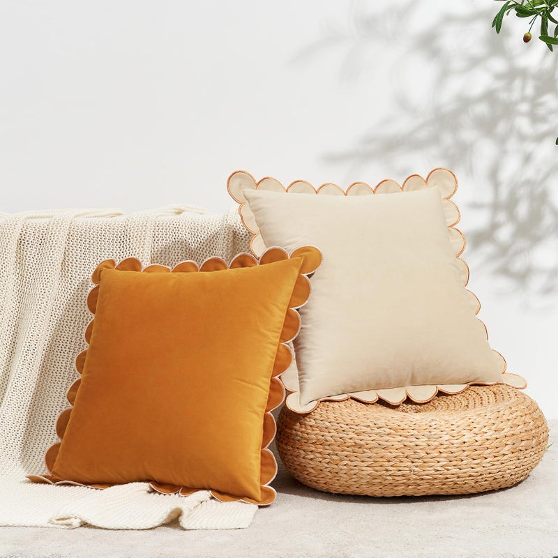 MONDAY MOOSE Decorative Throw Pillow Covers Cushion Cases, Set of 2 Soft Velvet Scalloped Round Edge Designs, Mix and Match for Home Decor, Pillow Inserts Not Included (16x16 inch, Honey/Cream) - Image 2