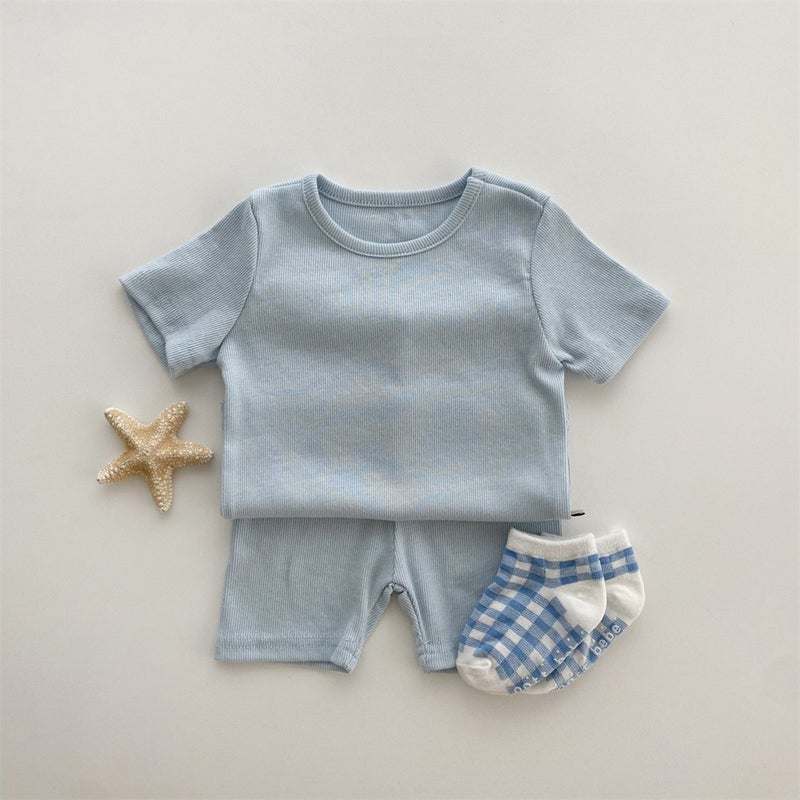 Korean Childrens Clothing Baby Home Pure Cotton Set Babys Pure Color Pit Strip Home Two-Piece Set Summer Home Clothing Set Blue.