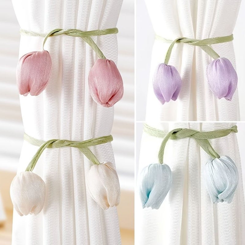 Blue Tulip Curtain Tiebacks 6 Pieces Elegant Floral Holders for Bedroom Living Room - Image 1
