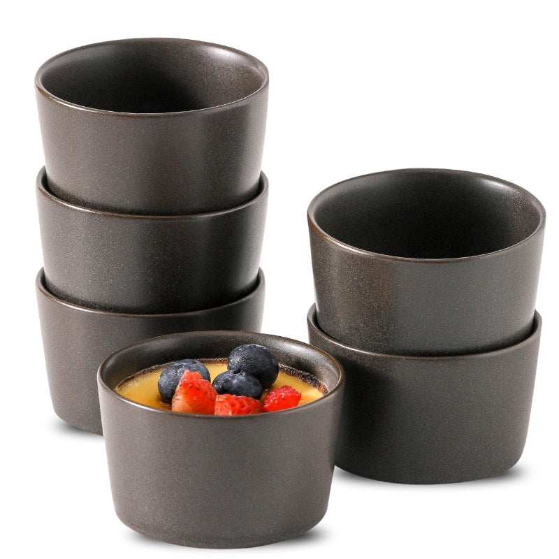 Tikooere Ramekins 4 oz, Oven Safe Soufflé Dishes for Creme Brulee, Souffle, Pudding, Ice Cream, Stoneware Custard Cups for Baking, Small Ceramic Bowls Set of 6, Kitchen Decor Gift, Matte Black - Image 1