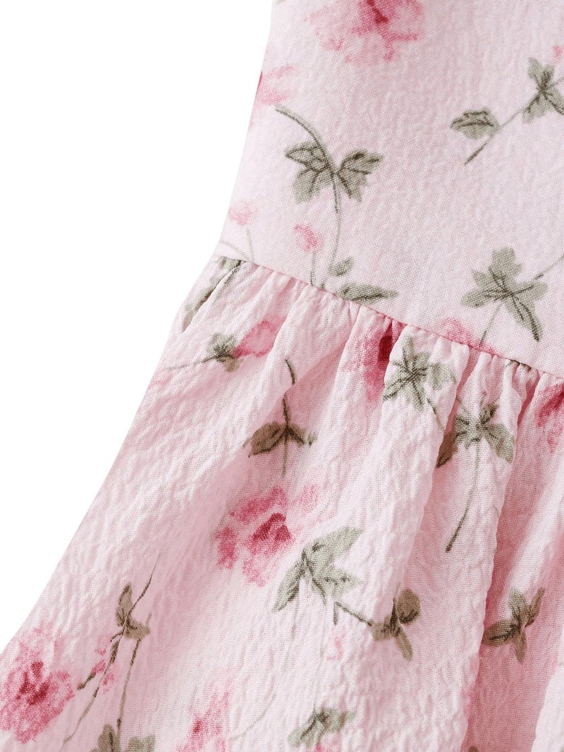 SHENHE Girl's Floral Puff Sleeve Ruched Frill Trim Shirred A Line Boho Flared Dress Multicolor 14Y - Image 2