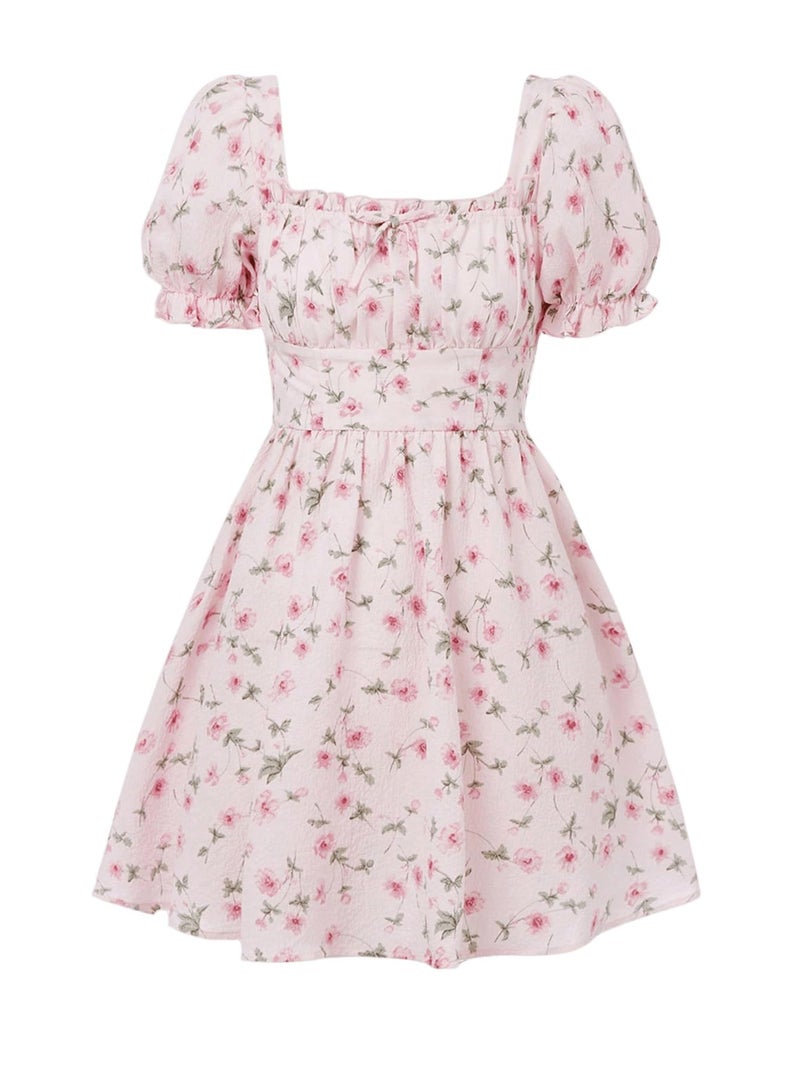 SHENHE Girl's Floral Puff Sleeve Ruched Frill Trim Shirred A Line Boho Flared Dress Multicolor 14Y - Image 1
