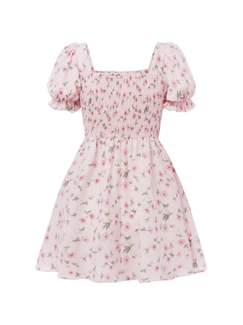 SHENHE Girl's Floral Puff Sleeve Ruched Frill Trim Shirred A Line Boho Flared Dress Multicolor 14Y - Image 3