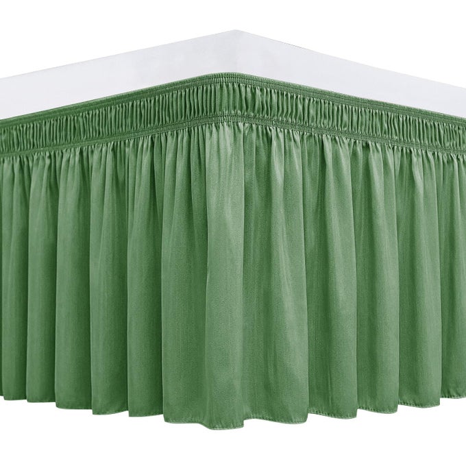 WRAP AROUND BED SKIRTS FOR QUEEN BEDS SHORT DROP OF 12 SAGE ADJUSTABLE ELASTIC DUST RUFFLES EASY FIT WRINKLE RESISTANT SILKY LUXURIOUS FABRIC MACHINE WASHABLE