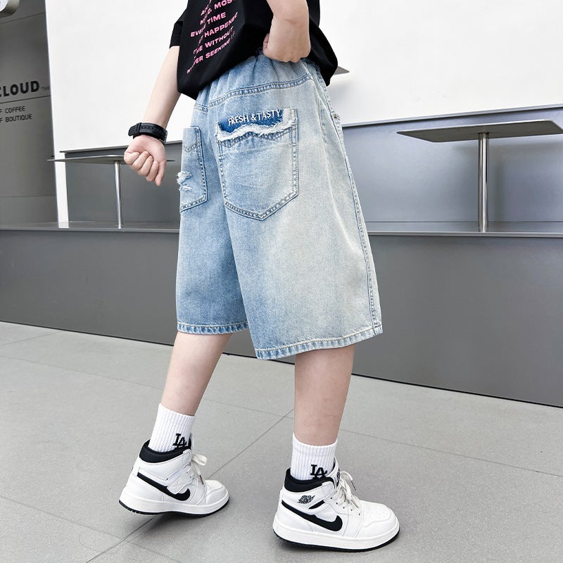 Children'S 2025 Style Medium And Large Kidsren'S Distressed Thin Jeans Shorts Boys' Fashionable Three-Quarter Pants Trendy - Image 1