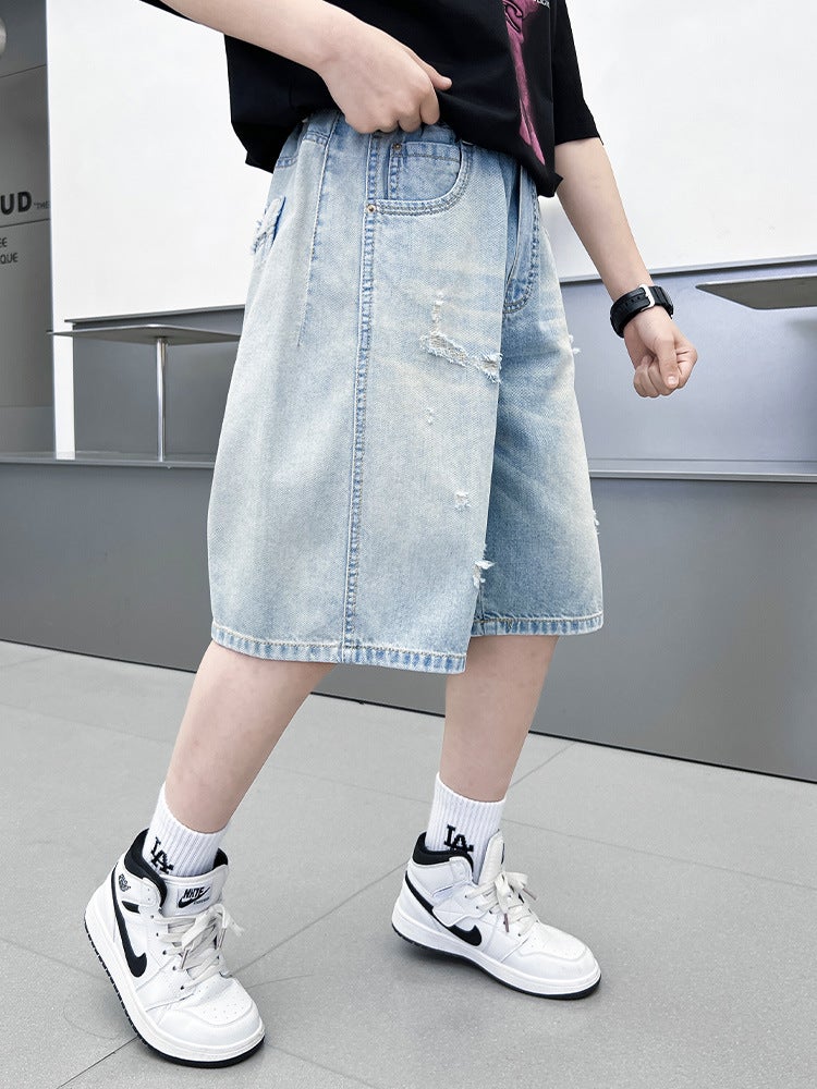 Children'S 2025 Style Medium And Large Kidsren'S Distressed Thin Jeans Shorts Boys' Fashionable Three-Quarter Pants Trendy - Image 4