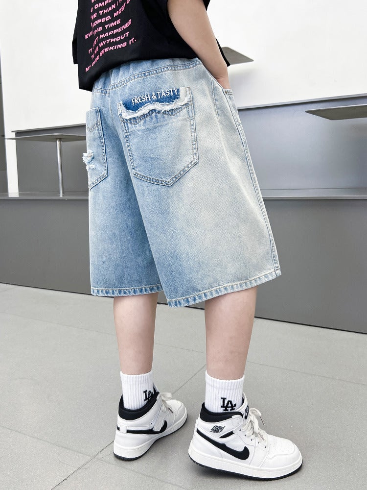 Children'S 2025 Style Medium And Large Kidsren'S Distressed Thin Jeans Shorts Boys' Fashionable Three-Quarter Pants Trendy - Image 5