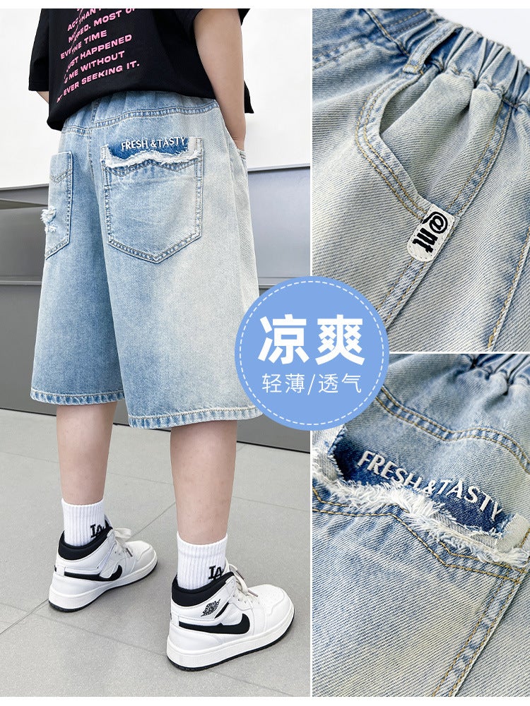 Children'S 2025 Style Medium And Large Kidsren'S Distressed Thin Jeans Shorts Boys' Fashionable Three-Quarter Pants Trendy - Image 2