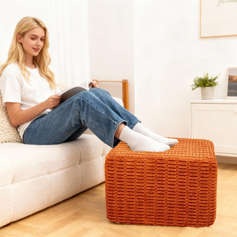 Asuprui Round Square Pouf Ottoman Foot Rest â€“ Lightweight Modern Footstool with Plush Foam Filling, Perfect for Living Room Decor & Cozy Comfort â€“ 20x20x14 Inch Chic Accent Piece (Burnt Orange) - Image 2