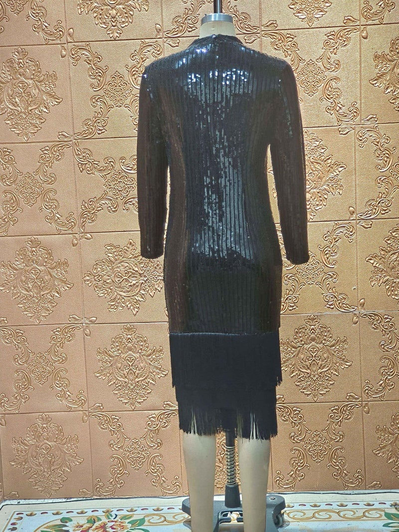 Cololura Sexy Elegant Women Sequin Long Sleeve Tassel Bodycon Midi Dress Party Evening Gown Formal Dress Black - Image 5