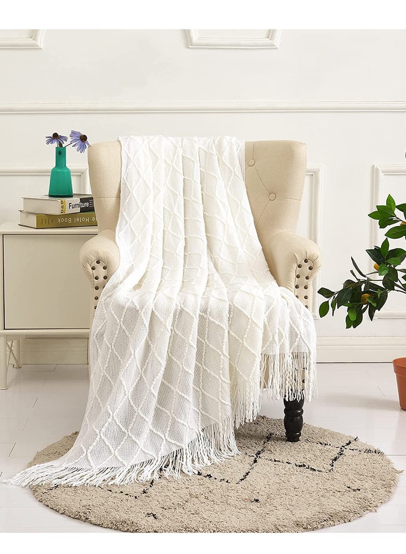 Cozy Knitted Decorative Blanket with Tassels for Sofa and Bed, Lightweight Diamond-Shaped Coverlet, Soft Nap Blanket in Beige (127x152cm) - Perfect for Home Decor. - Image 1
