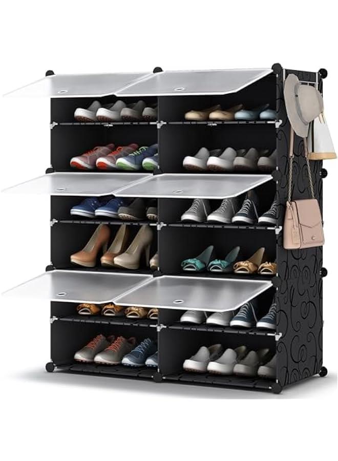 هوكور منظم احذية من تراسل ، خزانة تخزين من 6 طبقات 24 زوج من رفوف الاحذية البلاستيكية للخزانة والمدخل وغرفة النوم اسود 2 × 6 - Image 1