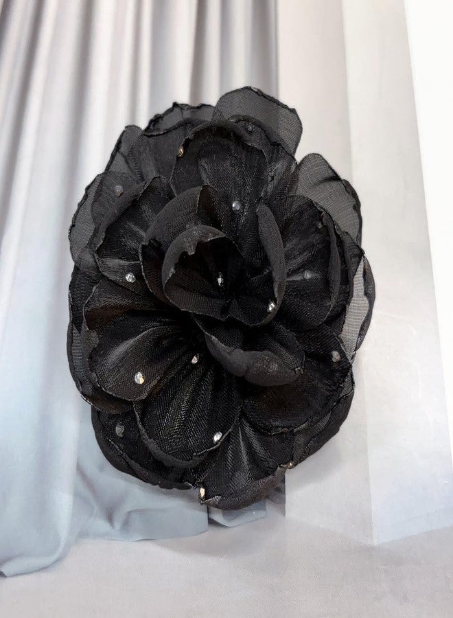Dtja 2.5" Dainty Shiny Fabric Flower Brooch Pin for Women Girls Charming Handmade Organza Rose Peony Floral Brooches Hair Clip Pins Elegant Holiday Wedding Party Hat Bag Clothing Dress Accessories Jewelry (Black) - Image 4