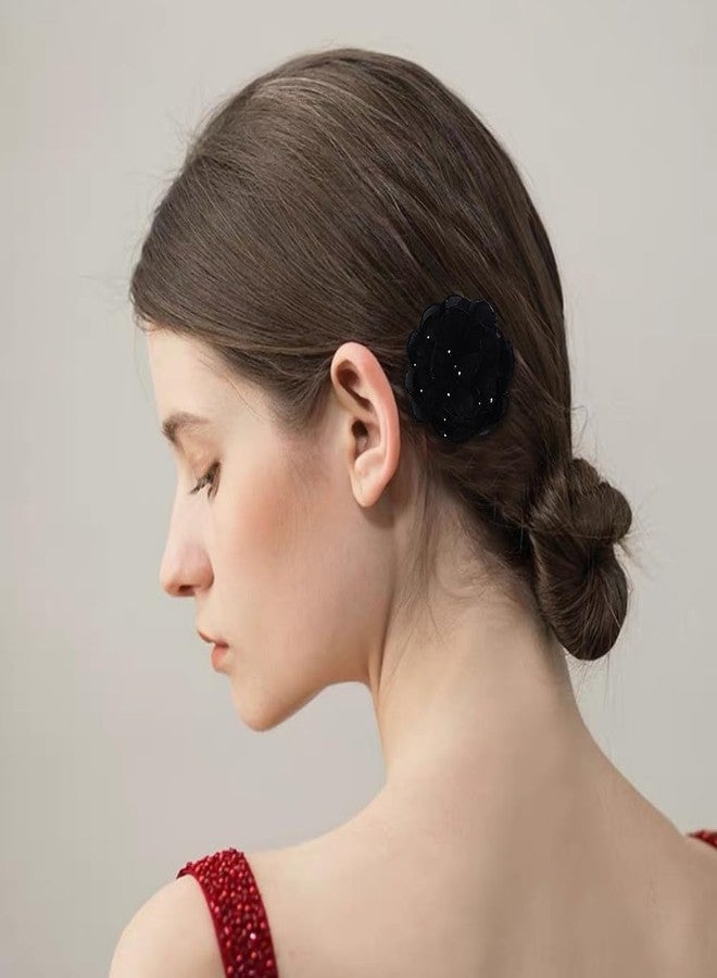 Dtja 2.5" Dainty Shiny Fabric Flower Brooch Pin for Women Girls Charming Handmade Organza Rose Peony Floral Brooches Hair Clip Pins Elegant Holiday Wedding Party Hat Bag Clothing Dress Accessories Jewelry (Black) - Image 3
