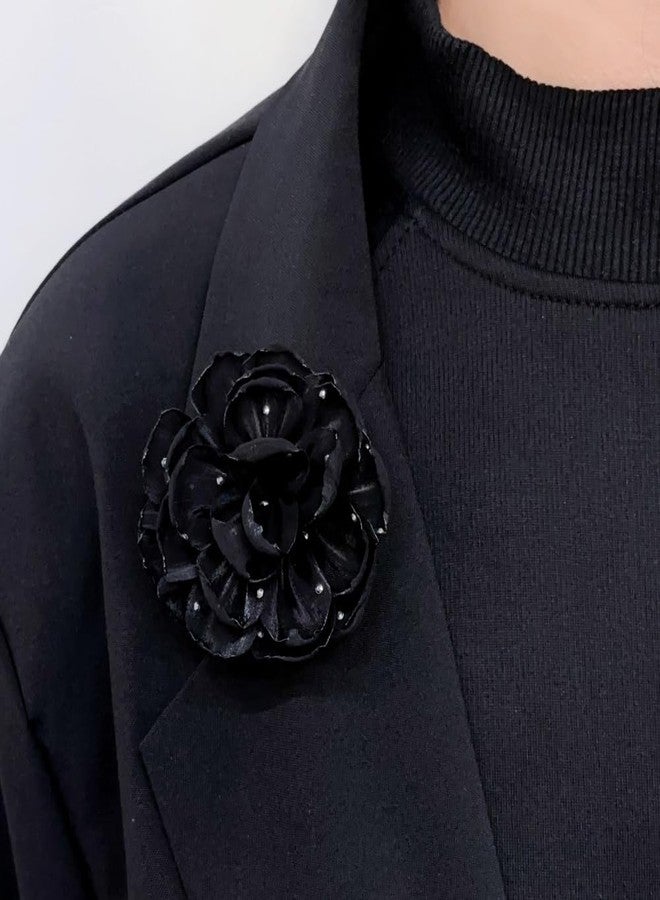 Dtja 2.5" Dainty Shiny Fabric Flower Brooch Pin for Women Girls Charming Handmade Organza Rose Peony Floral Brooches Hair Clip Pins Elegant Holiday Wedding Party Hat Bag Clothing Dress Accessories Jewelry (Black) - Image 2