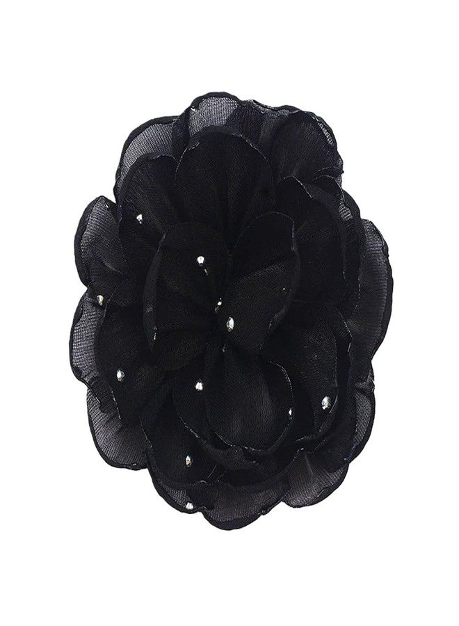 Dtja 2.5" Dainty Shiny Fabric Flower Brooch Pin for Women Girls Charming Handmade Organza Rose Peony Floral Brooches Hair Clip Pins Elegant Holiday Wedding Party Hat Bag Clothing Dress Accessories Jewelry (Black) - Image 1