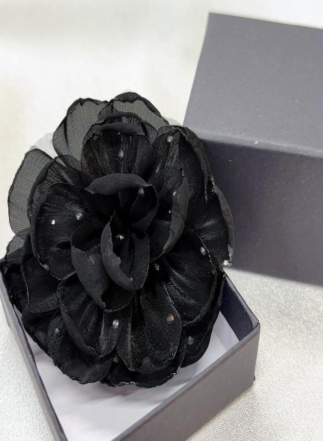 Dtja 2.5" Dainty Shiny Fabric Flower Brooch Pin for Women Girls Charming Handmade Organza Rose Peony Floral Brooches Hair Clip Pins Elegant Holiday Wedding Party Hat Bag Clothing Dress Accessories Jewelry (Black) - Image 5