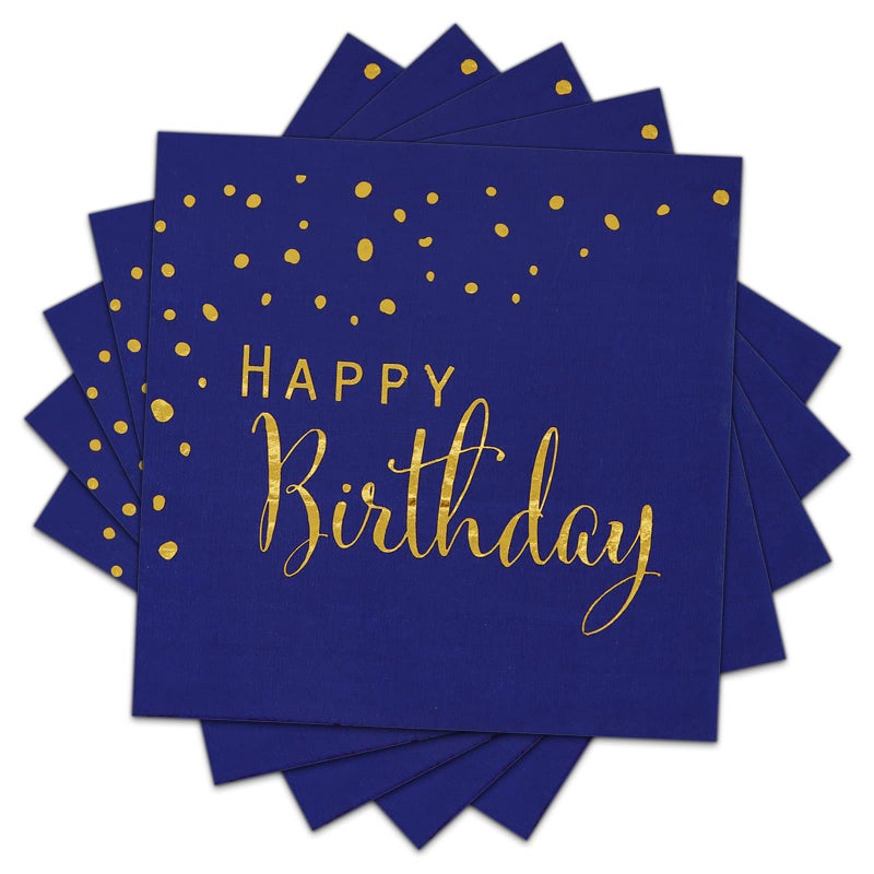DYLIVeS Happy Birthday Napkins, Blue and Gold Foil Dots Napkins Disposable Paper Napkins for Dinner Picnic Cocktail Birthday Party Supplies Decorations for Boy Man, 6.5 x 6.5 Inch (Pack of 50) - Image 1