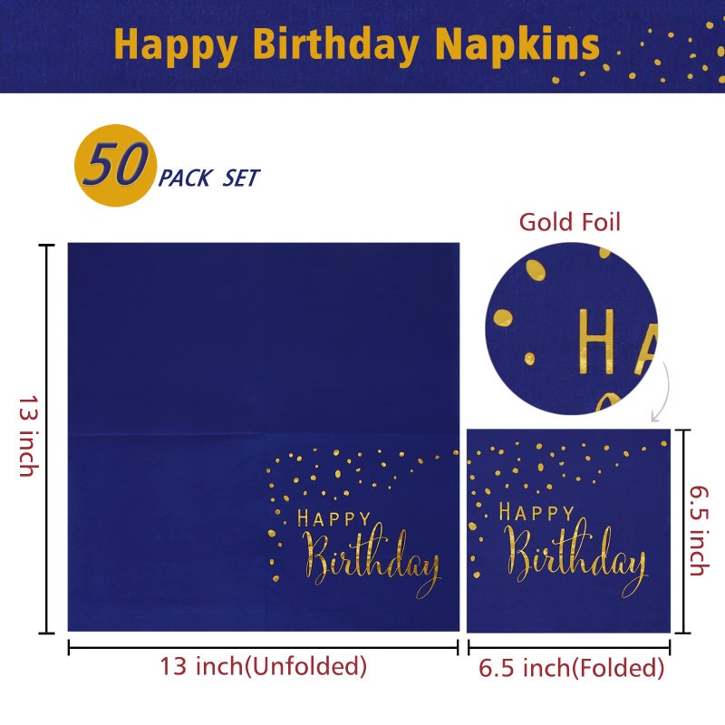 DYLIVeS Happy Birthday Napkins, Blue and Gold Foil Dots Napkins Disposable Paper Napkins for Dinner Picnic Cocktail Birthday Party Supplies Decorations for Boy Man, 6.5 x 6.5 Inch (Pack of 50) - Image 2