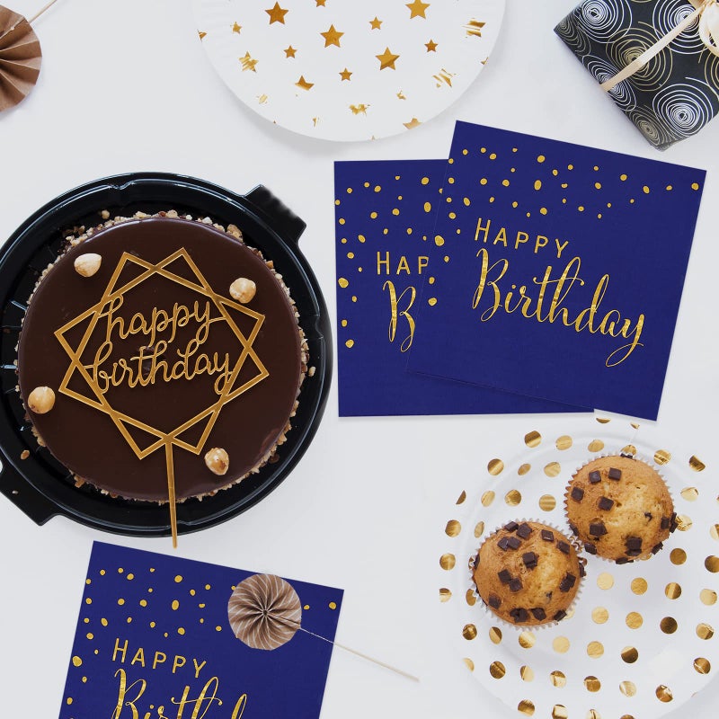 DYLIVeS Happy Birthday Napkins, Blue and Gold Foil Dots Napkins Disposable Paper Napkins for Dinner Picnic Cocktail Birthday Party Supplies Decorations for Boy Man, 6.5 x 6.5 Inch (Pack of 50) - Image 3