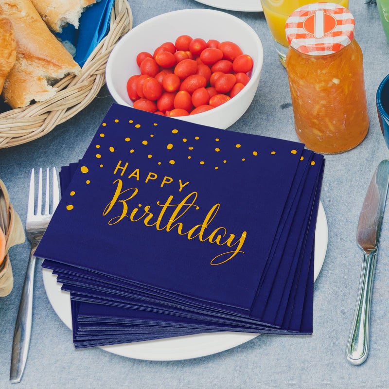 DYLIVeS Happy Birthday Napkins, Blue and Gold Foil Dots Napkins Disposable Paper Napkins for Dinner Picnic Cocktail Birthday Party Supplies Decorations for Boy Man, 6.5 x 6.5 Inch (Pack of 50) - Image 4