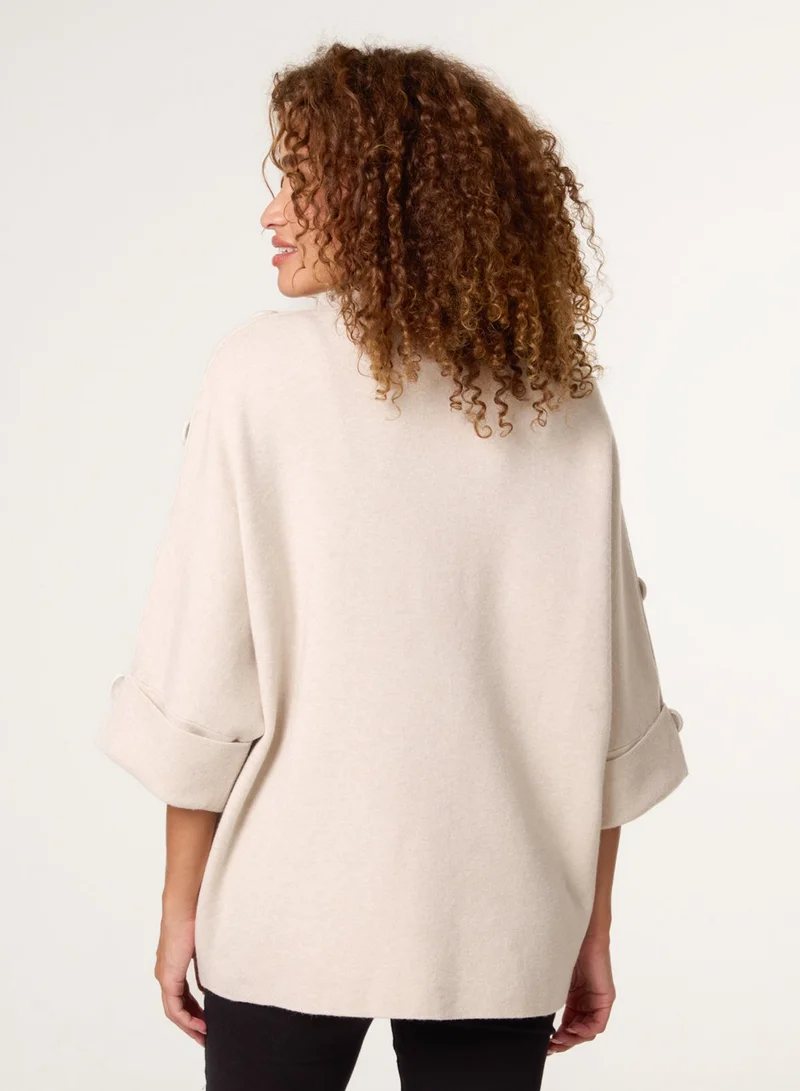 Blue Vanilla High Neck Fabric Button Sleeve Jumper