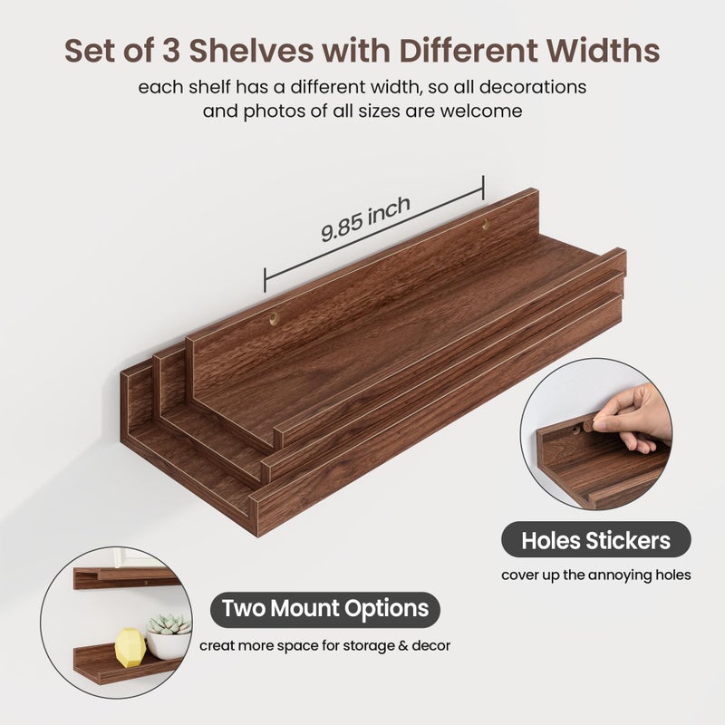 Axeman Picture Ledge Shelf | 16 Inch Walnut Floating Shelves Set of 3 | Rustic Wood Wall Shelves with Lip | 16" Walnut Picture Shelf for Wall with Ledge | Photo Shelves - Image 4