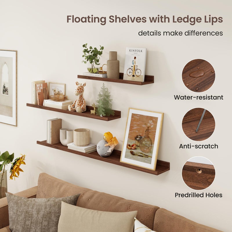 Axeman Picture Ledge Shelf | 16 Inch Walnut Floating Shelves Set of 3 | Rustic Wood Wall Shelves with Lip | 16" Walnut Picture Shelf for Wall with Ledge | Photo Shelves - Image 5