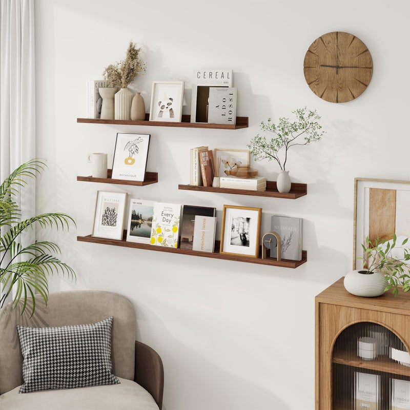 Axeman Picture Ledge Shelf | 16 Inch Walnut Floating Shelves Set of 3 | Rustic Wood Wall Shelves with Lip | 16" Walnut Picture Shelf for Wall with Ledge | Photo Shelves - Image 2