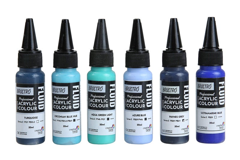 BRUSTRO Professional Artists _x0019_ Fluid Acrylic 20 ml Beyond The Blues Pack of 6 (Turquoise,Ultramarine Blue,Zirconian Blue Hue, Paynes Grey, Aqua Green Light, Azure Blue) - Image 1