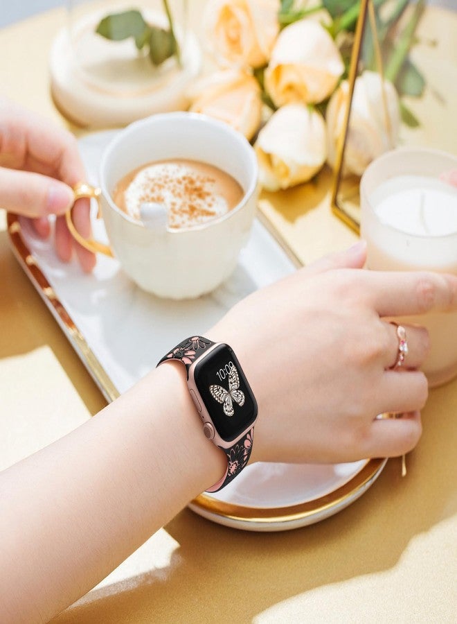 داجين سوار DaQin محفور عليه زهور، متوافق مع ساعات Apple Watch النسائية بمقاسات 40 مم، 41 مم، و38 مم. سوار رياضي أنيق بلونين من السيليكون الناعم مزين بالزهور، متوافق مع ساعات Apple Watch SE وiWatch Series 9، 8، 7، 6، 5، 4، 3، 2، و1، باللونين الأسود والوردي. - Image 5