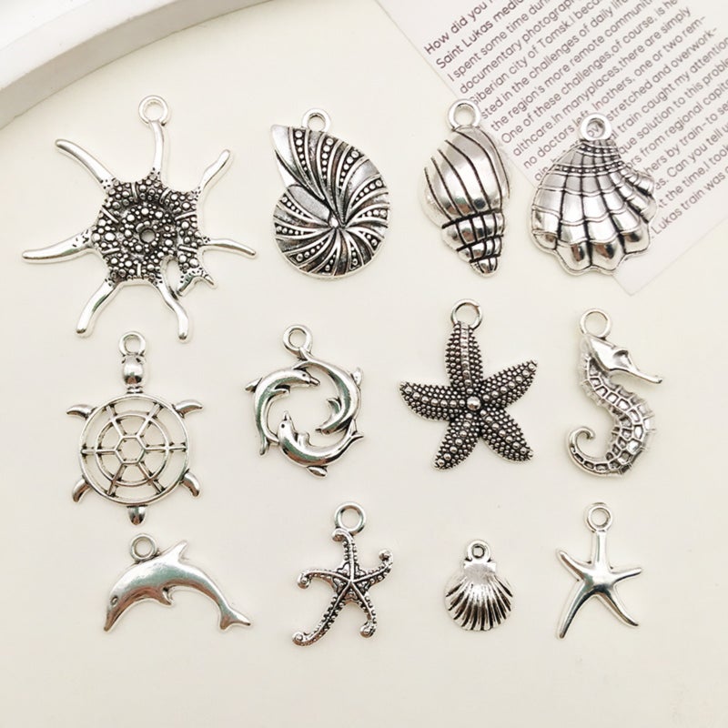 12 ancient silver marine life hollow alloy pendants DIY necklace bracelet earrings jewelry alloy pendants, beaded accessories - Image 4