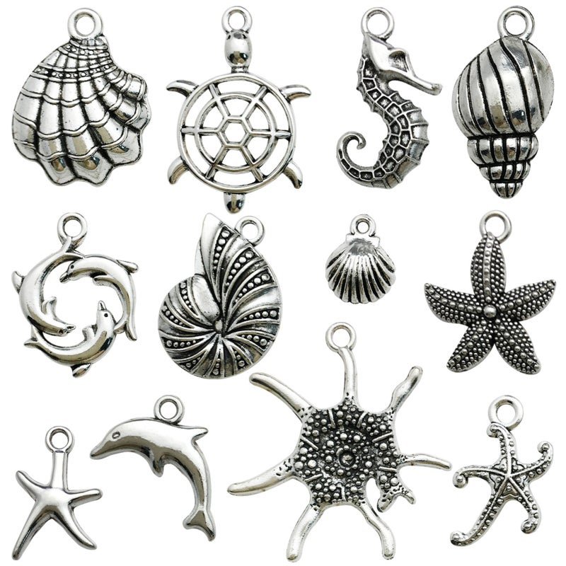 12 ancient silver marine life hollow alloy pendants DIY necklace bracelet earrings jewelry alloy pendants, beaded accessories - Image 1
