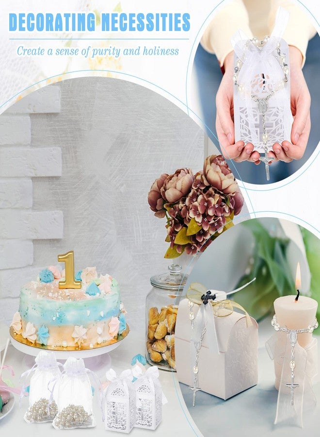 Highergo 200 Pcs Baptism Favors Set, 50 Pieces Mini Rosary 50 Pieces Baptism Party Gift Wrap Boxes Organza Bags with Drawstring Thank Tags for Christening Communion Kitchen(White) - Image 5