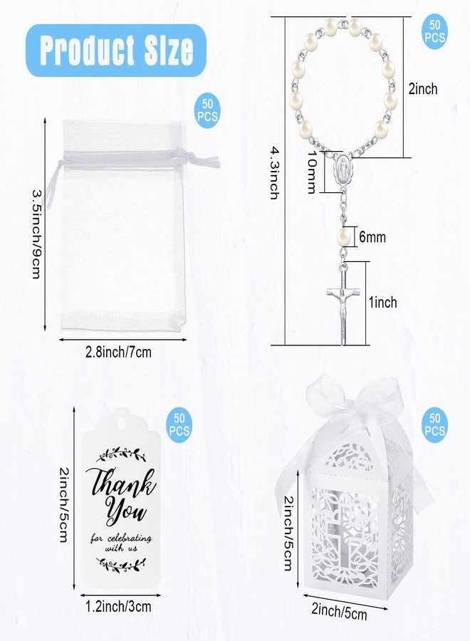 Highergo 200 Pcs Baptism Favors Set, 50 Pieces Mini Rosary 50 Pieces Baptism Party Gift Wrap Boxes Organza Bags with Drawstring Thank Tags for Christening Communion Kitchen(White) - Image 2