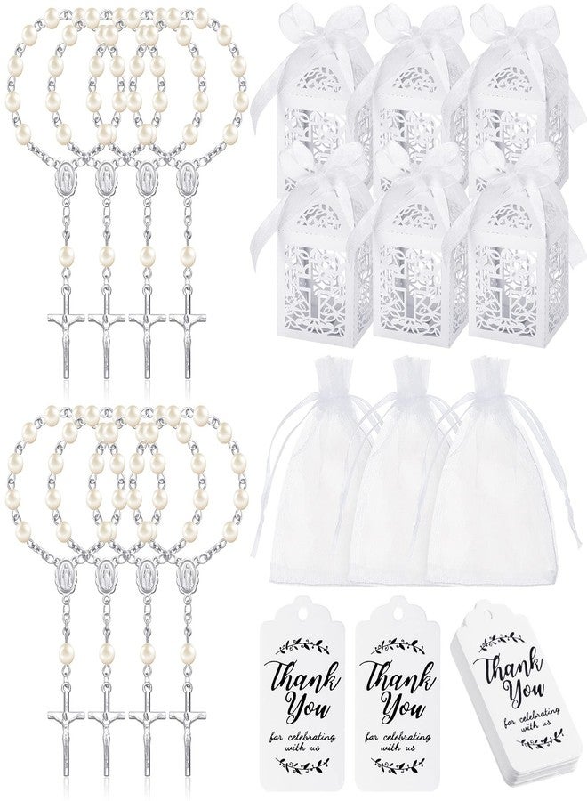 Highergo 200 Pcs Baptism Favors Set, 50 Pieces Mini Rosary 50 Pieces Baptism Party Gift Wrap Boxes Organza Bags with Drawstring Thank Tags for Christening Communion Kitchen(White) - Image 1