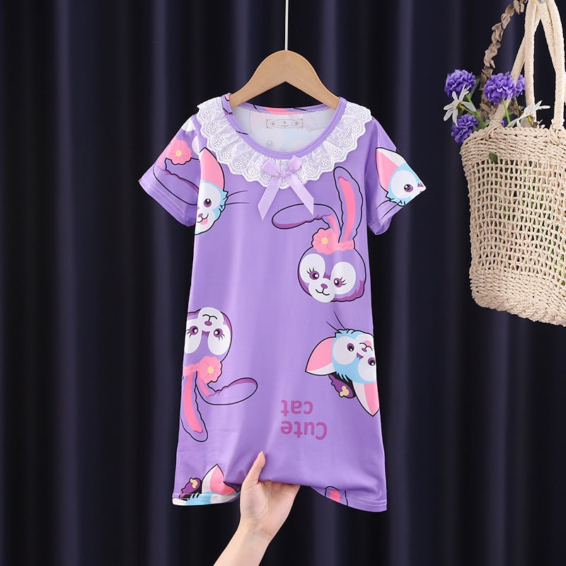 Children'S Pajamas Summer Nightdress Girls' Short-Sleeved Cartoon Princess Dress Little Girl Baby Middle And Big Children'S Home Clothes - Image 2