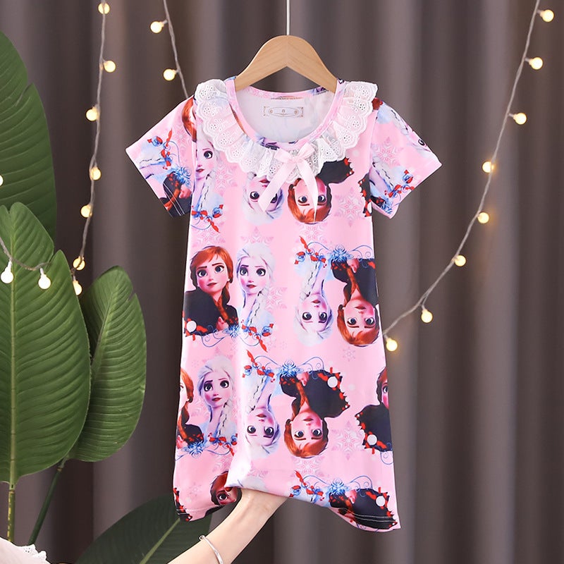 Children'S Pajamas Summer Nightdress Girls' Short-Sleeved Cartoon Princess Dress Little Girl Baby Middle And Big Children'S Home Clothes - Image 1