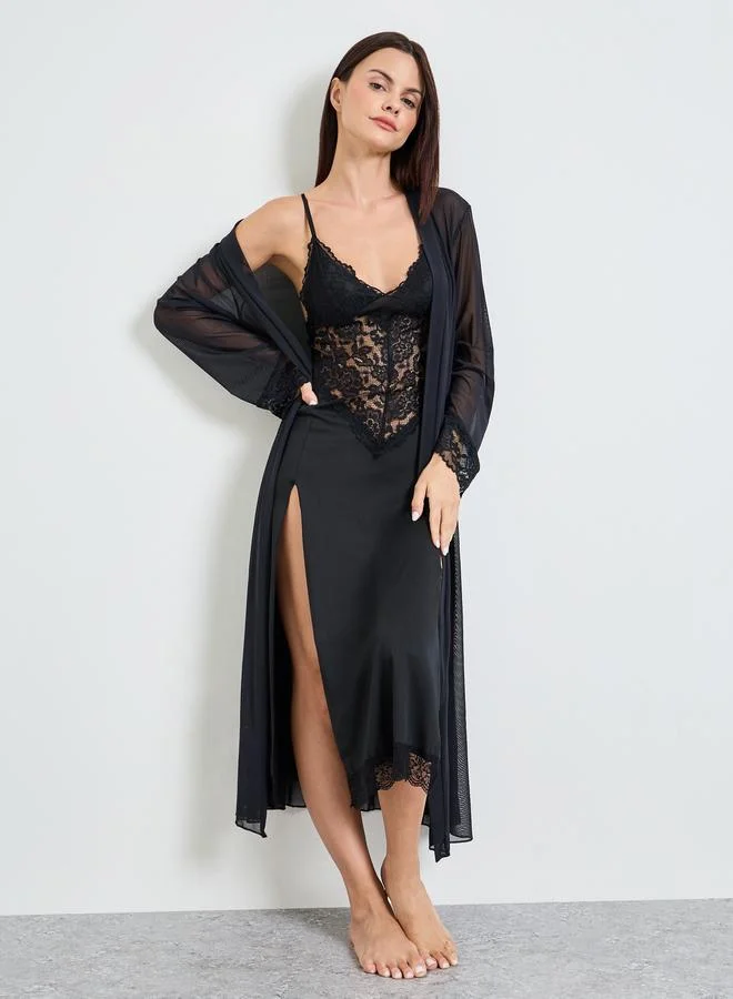 تايك تو Black Lace Slip and Robe Set