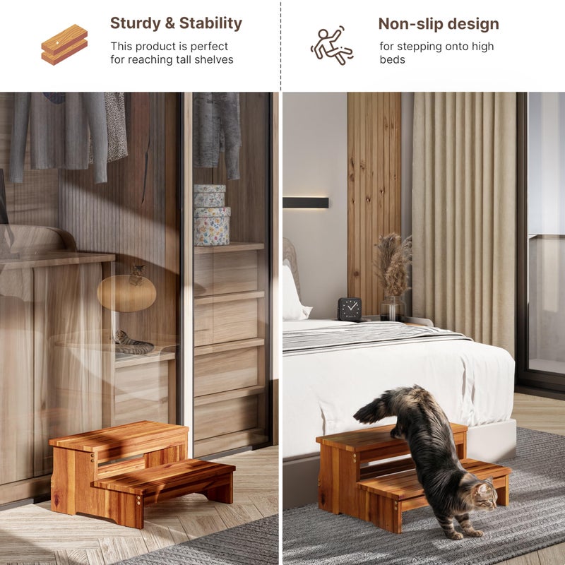 TINAMO 25" Long Step Stool for Adult & Kid - Acacia Wood Two Step Stool 500 Lbs - Wooden Riser 2-Step Spa & Hot Tub Stairs for Pool - Heavy Duty 2 Step Stools for Bed, Kitchen,Outdoor (Patent Pending) - Image 4